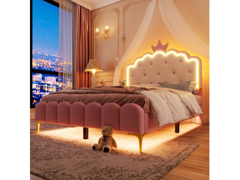  Lit rembourré tcqpz 140 x 200 cm avec cadre à lattes éclairage led d’ambiance tête de lit couronne rose polyuréthane  - Conforama D