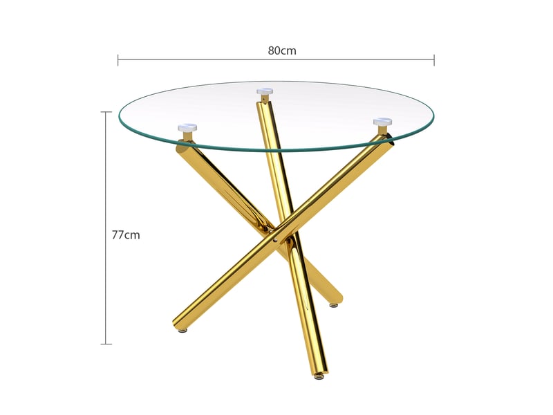  Table à manger ronde 2 à 4 places verre trempé - lpospi - piètement croisé, 80 × 80 × 76 cm, métal doré  - Conforama D