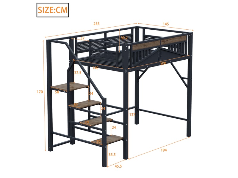  Lit mezzanine 140x200cm coloris noir métal et bois massif lit enfant noir - Conforama C