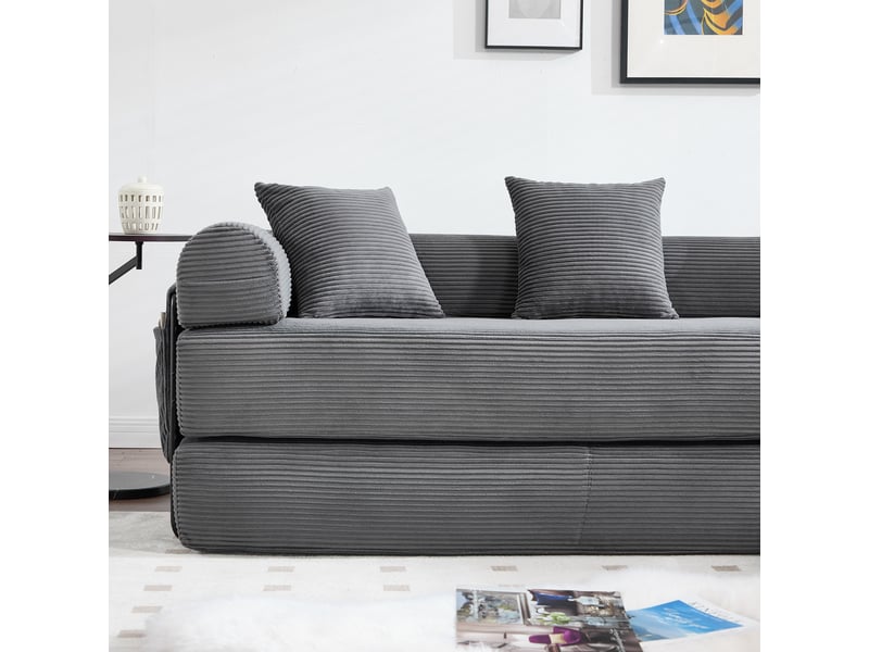  Canapé modulable gris côtelé avec rangement latéral, structure familiale robuste et design contemporain, idéal pour le salon  - Conforama E