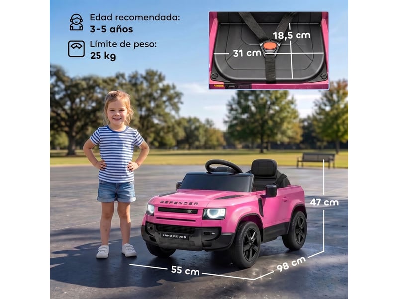  Voiture électrique suv pour enfants land rover defender 12v, télécommande, suspension, démarrage progressif, vitesse 2,7-4,5 kmh, rose  - Conforama E