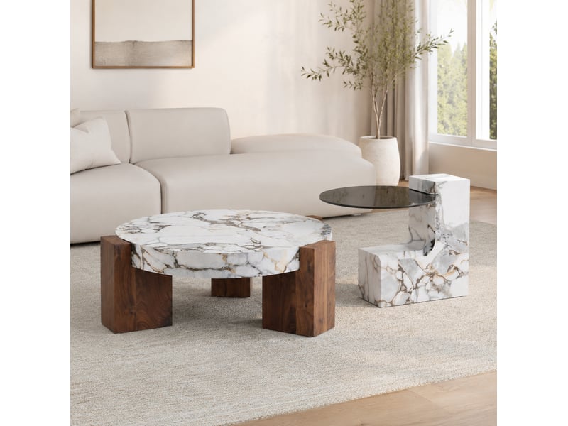 Table basse ronde avec table d'appoint séparable, plateaux effet marbre et verre gris, pour salon, en mdf blanc - Conforama D