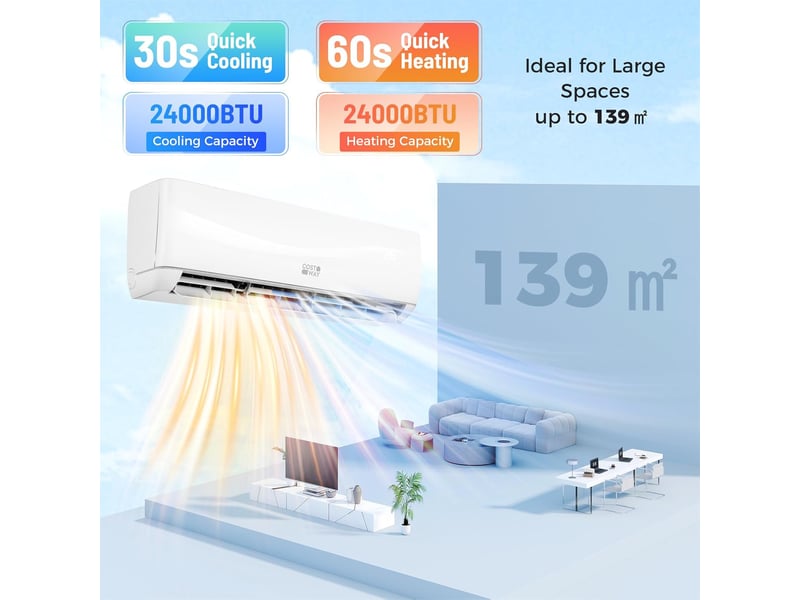  Costway climatiseur monosplit 24000 btu 110㎡ 7,2 kw, pompe à chaleur, r32, classe a++, 19 db silencieux, wifi, auto-nettoyage  - Conforama B