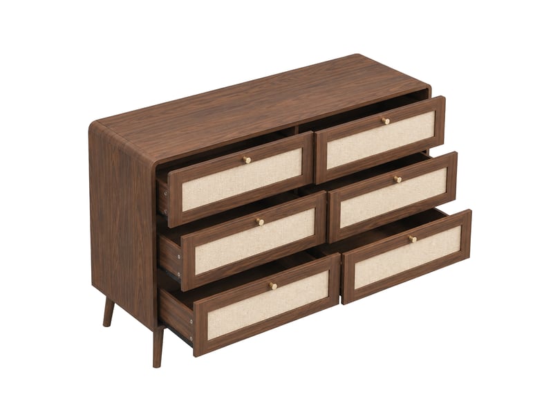  Commode 120x40x80 cm avec 6 tiroirs et façades effet rotin, coloris noyer  - Conforama A