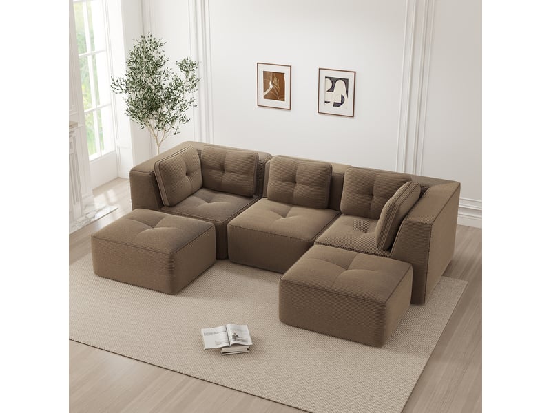  Canapé d'angle, canapé modulable — marron, 3 places, en velours tricoté, avec pouf, sans montage, assise profonde, sans cadre  - Conforama R