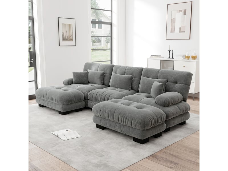  Canapé panoramique en u modulaire convertible avec ottoman, assise profonde et coussins, en chenille gris  - Conforama D