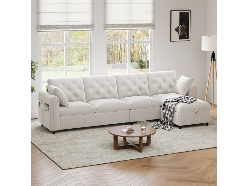  Canapé d'angle, canapé velours — avec rangement, 281 × 86 × 71 cm, beige, en velours  - Conforama C
