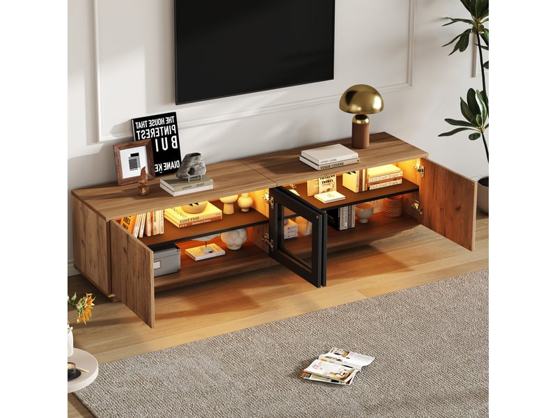  Meuble tv 180x40x45 cm 4 portes (2 vitrées) led pilotable appli 3 niveaux cap. 30 kg panneaux particules naturel et noir  - Conforama W