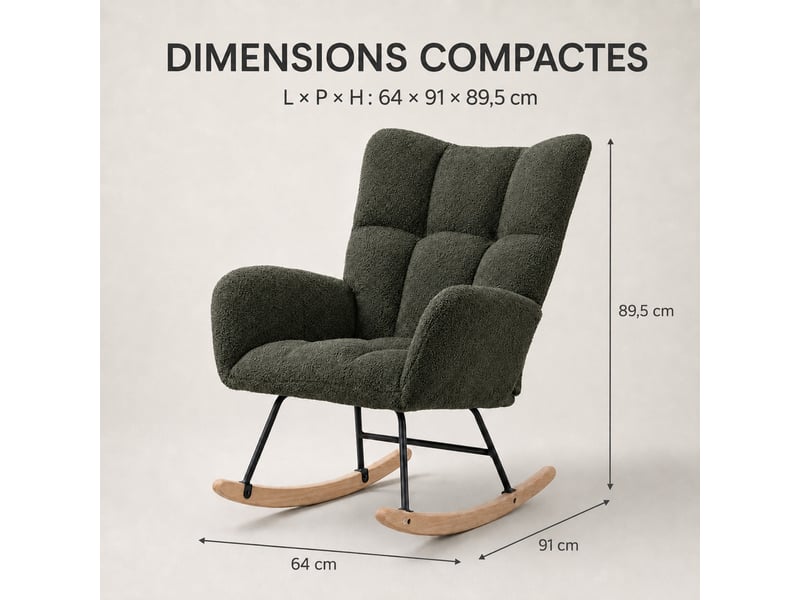  Fauteuil à bascule teddy vert, fauteuil rocking-chair ergonomique avec dossier haut et accoudoirs rembourrés, base en bois massif, chaise de relaxation pour salon, chambre et chambre bébé  - Conforama E