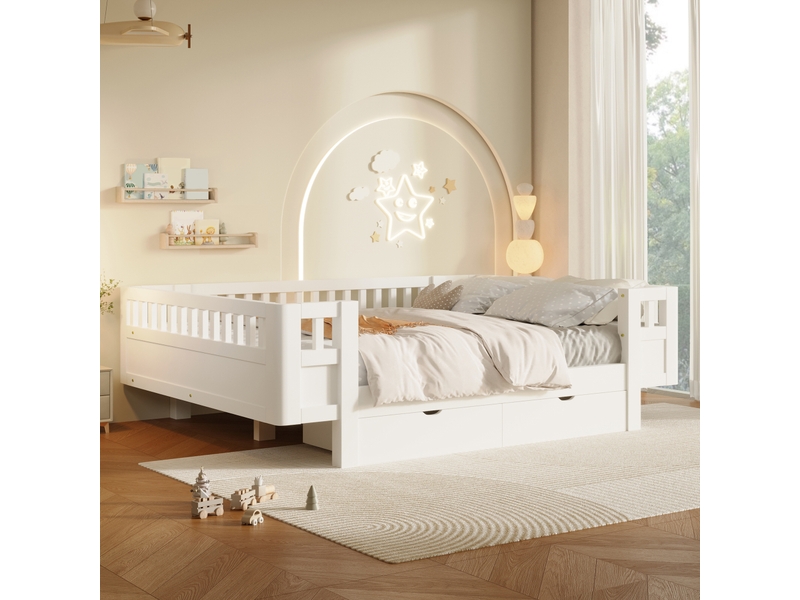  Lit enfant 140 x 200 cm avec barrières de sécurité hautes et 2 grands tiroirs, bois massif et mdf, blanc CozyNest - Conforama E