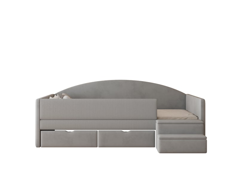 Lit canapé enfant velours gris clair 90x190 cm avec 2 tiroirs et marches - Conforama A