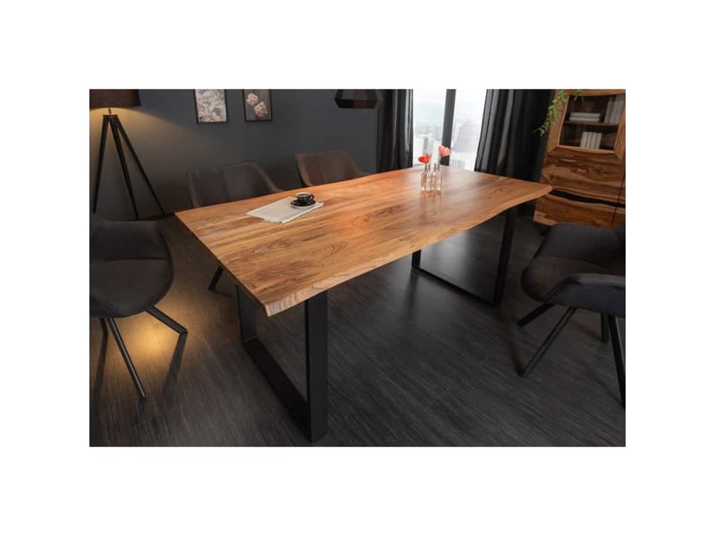 Table de salle à manger arkaya 180 cm – plateau en bois d'acacia sauvage verni et pieds en métal noir en u – style industriel - Conforama B
