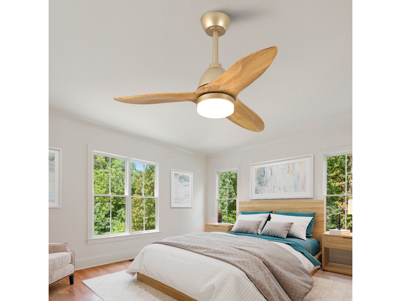 Ventilateur de plafond moderne 36 pouces en bois naturel avec led dimmable 3 teintes, pales massives en érable, commande séparée, moteur dc réversible et mémoire, finition élégante pour une déco intérieure contem… ORFRW5766P470012 - Conforama B