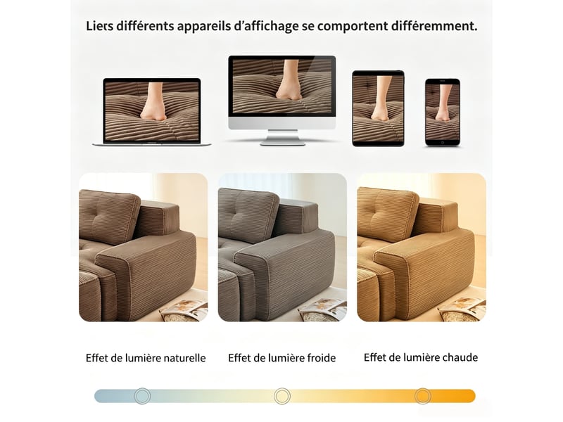  Canapé modulable en u avec ottomane, 3 places en tissu côtelé, aucun assemblage requis, 69 × 293 × 177 cm, marron  - Conforama E