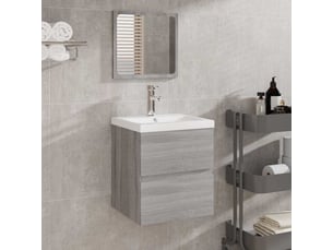 Armoire lavabo salle de bain, meuble de rangement et bassin et miroir sonoma gris