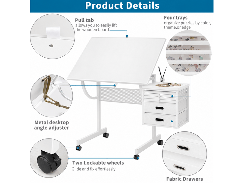  Table de puzzle inclinable 1500 pièces avec 4 plateaux, 2 tiroirs et roulettes, blanche  - Conforama E
