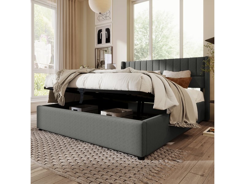 Lit coffre 160x200cm avec matelas inclus - lit rembourré - lin gris, tête de lit à rayures, grand rangement hydraulique - Conforama B