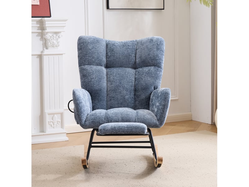  Fauteuil à bascule en chenille bleu avec repose-jambes intégré et rangement latéral  - Conforama B