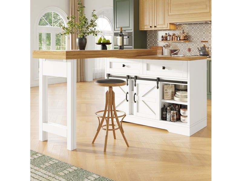 Îlot de cuisine 2-en-1 avec table à manger modenvie extensible de 120 à 197 cm en mdf blanc et effet chêne avec rangement - Conforama E