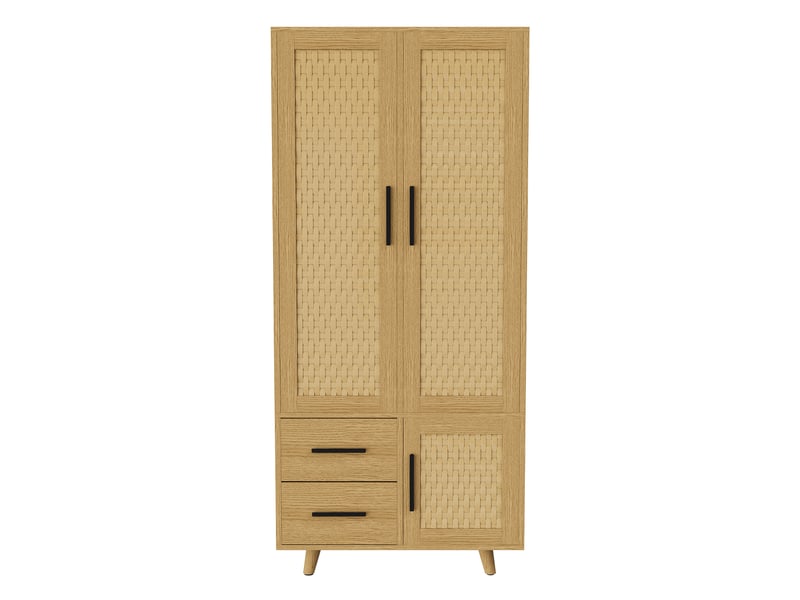  Armoire de penderie effet rotin avec 3 portes et 2 tiroirs - 80 x 52 x 166 cm - bois naturel - meuble de rangement  - Conforama E