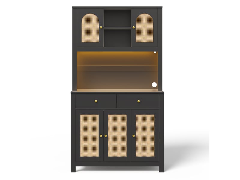 Buffet haut de cuisine led avec prises, 5 portes et 2 tiroirs 100x40x180 cm noir  - Conforama R