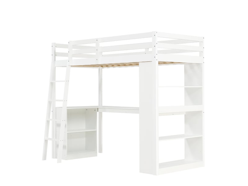  Lit mezzanine enfant avec étagère et échelle inclinée, pinpanneau aggloméré blanc, 90x200cm, garde-corps et rangement en feutre  - Conforama E