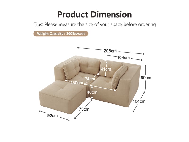  Canapé d'angle modulaire avec modules configurables, base antidérapante et tissu cord beige  - Conforama E