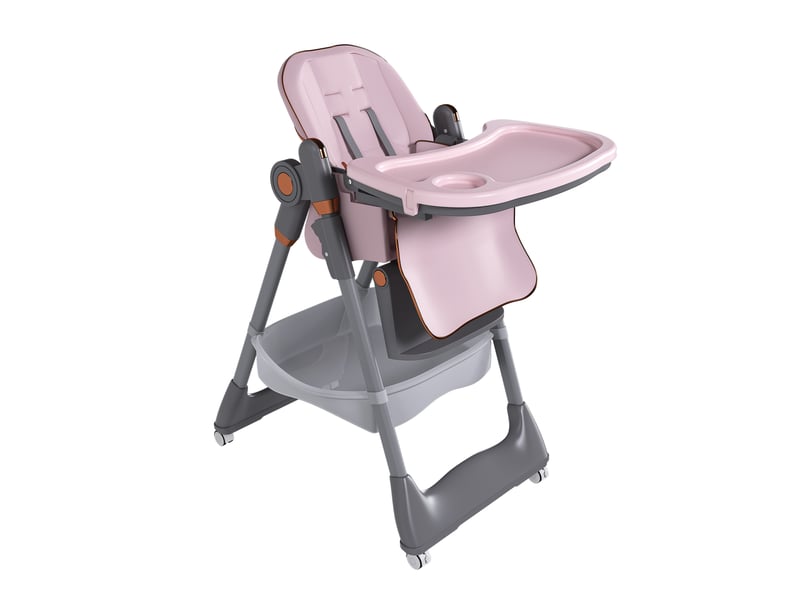  Chaise haute bébé pliable réglable avec plateau amovible, harnais 5 points et roulettes verrouillables en polypropylène rose  - Conforama A