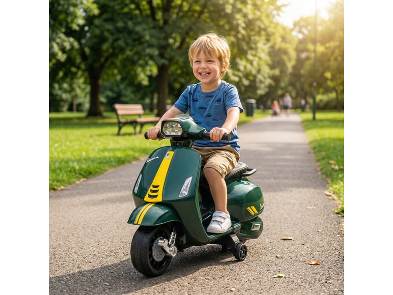 Moto vespa électrique sous licence pour enfants, batterie rechargeable 6v, roues et lumières, 2-4 ans, vert foncé - Conforama C