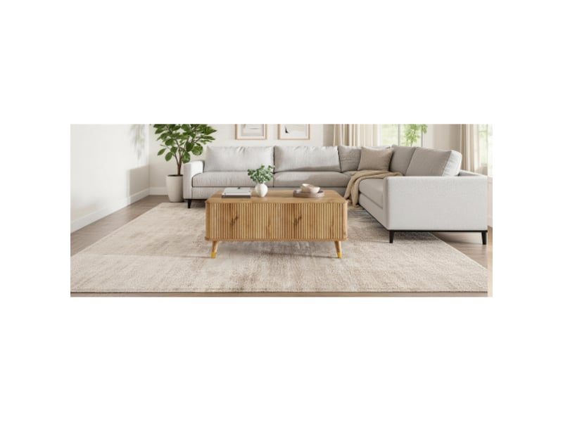  Table basse moderne rétro – plateau réglable, motif ondulé, look bois, pieds bois, grand rangement, table multifonction  - Conforama E