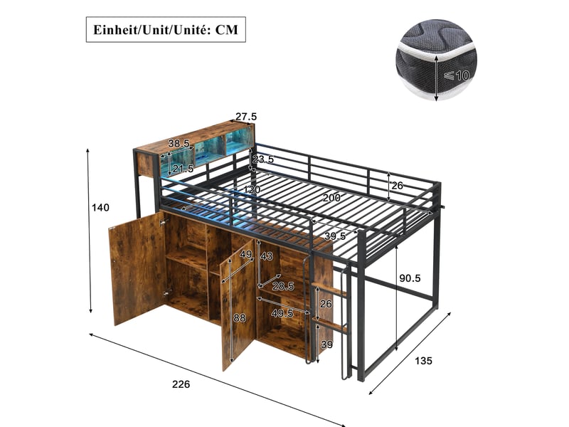  Lit mezzanine 120x200 cm en métal noir effet bois avec rangement, led et prise  - Conforama C