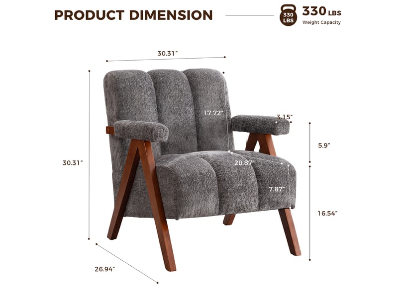  Fauteuil rembourré bouclé avec accoudoirs, dossier segmenté et pieds inclinés, en bois massif jaune, 68 × 61 × 35 cm  - Conforama D
