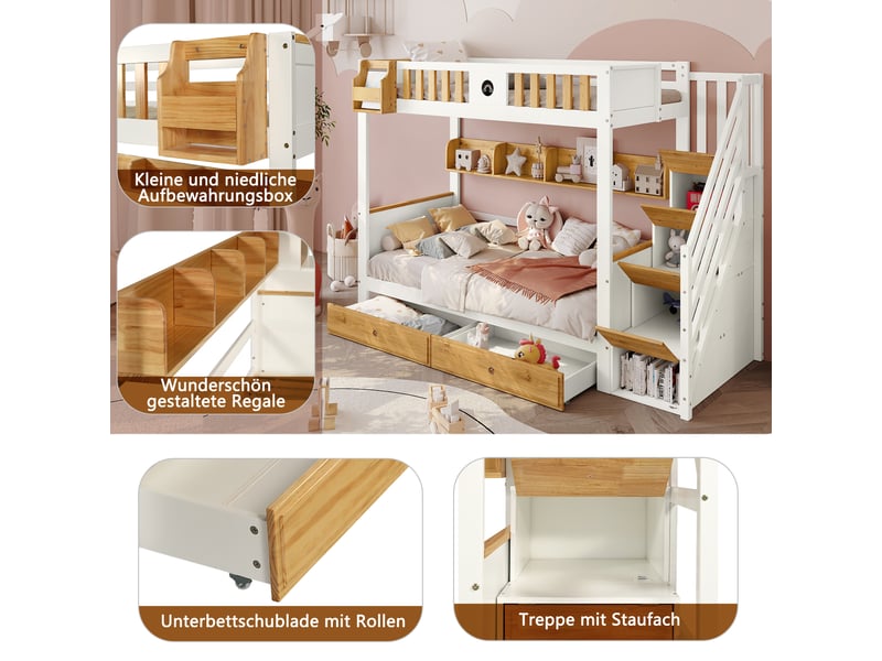 Lit superposé enfant 90 x 200 cm, escalier avec 4 casiers, 2 tiroirs, étagère ouverte et barrières de sécurité, pin, mdf, blanc et naturel evarich - Conforama D
