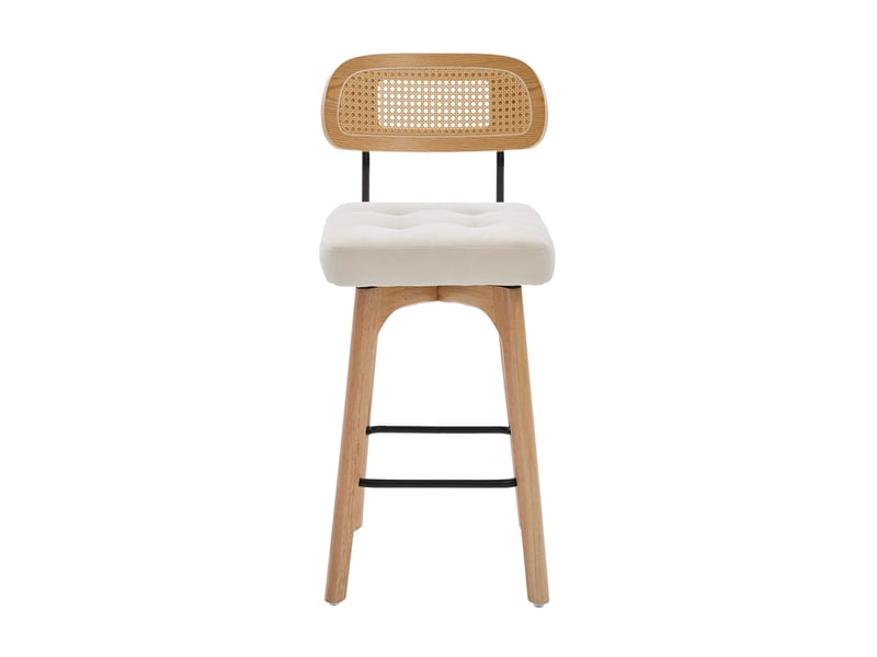  Lot de 2 tabourets de bar pivotants 360° en tissu beige, dossier en paille, style mid-century et confort  - Conforama A