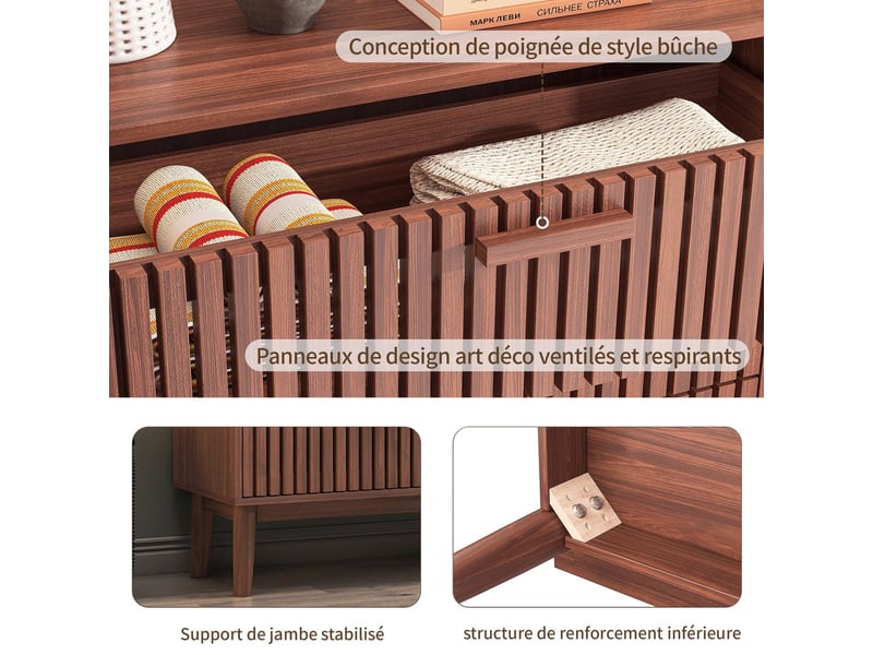  Commode 6 tiroirs - 100x34x73cm - meuble double chiffonnier vintage avec façades à lattes et pieds hauts - noyer  - Conforama D