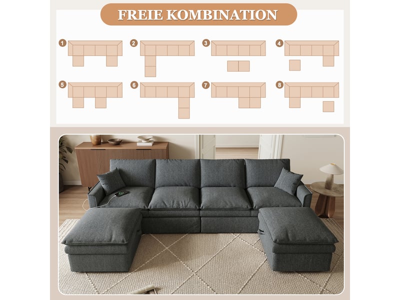  Canapé d'angle 6 places en forme de ul 277 × 80 × 135 cm - 2 poufs de rangement amovibles et 2 coussins - coton et lin - gris  - Conforama R