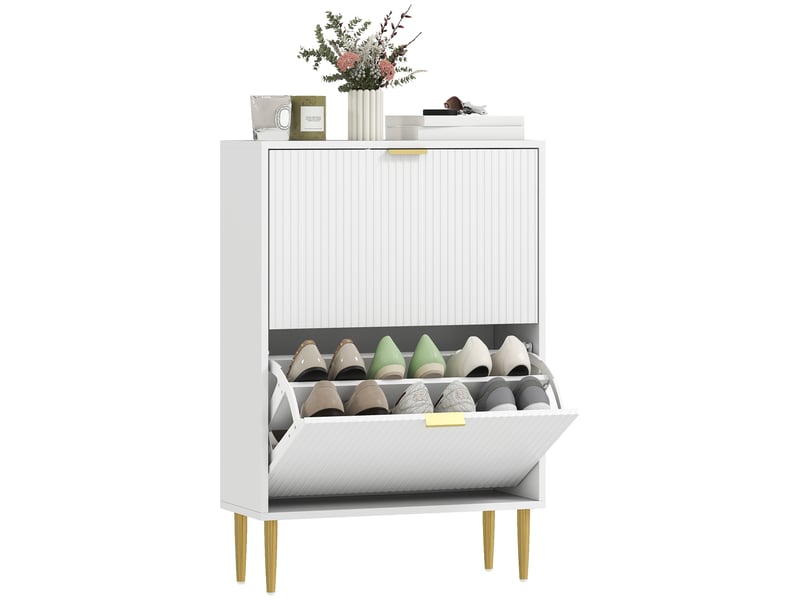  Étagère à chaussures étroite pour 12 paires de chaussures, avec 2 tiroirs à rabat et étagères réglables, 60 x 24 x 91,5 cm, blanche  - Conforama A