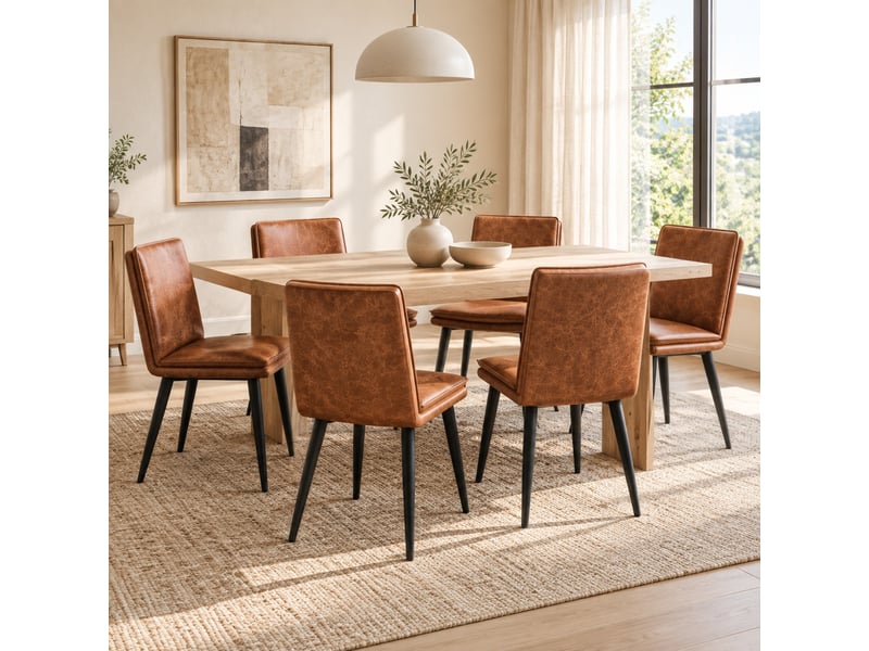  Chaise de salle à manger lot de 6 en pu avec coussin double épaisseur et pieds métalliques, marron, 49×57×84 cm  - Conforama C