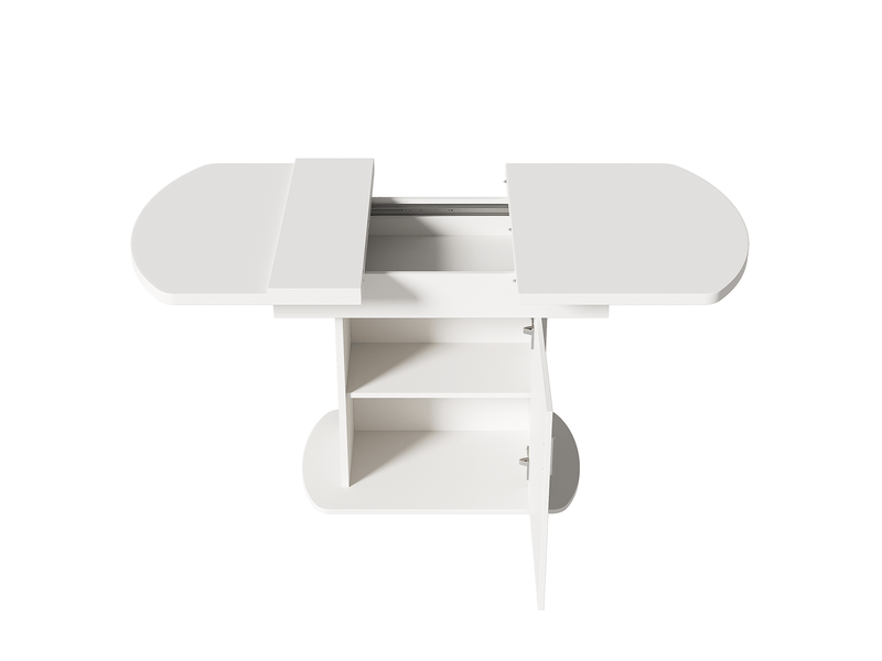 Table à manger ovale extensible avec rangement 110-130 x 70 x 75 cm en panneaux de particules, blanc et argenté - Conforama R