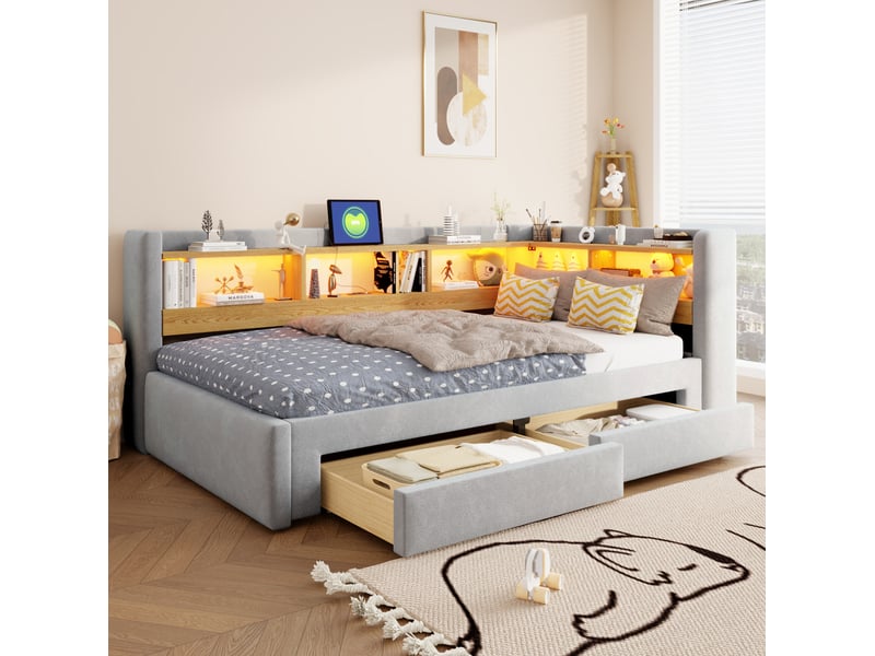 Lit banquette extensible 90x200 cm en velours gris et beige, couchage 180x200 cm, rangements et led, sans matelas - Conforama B