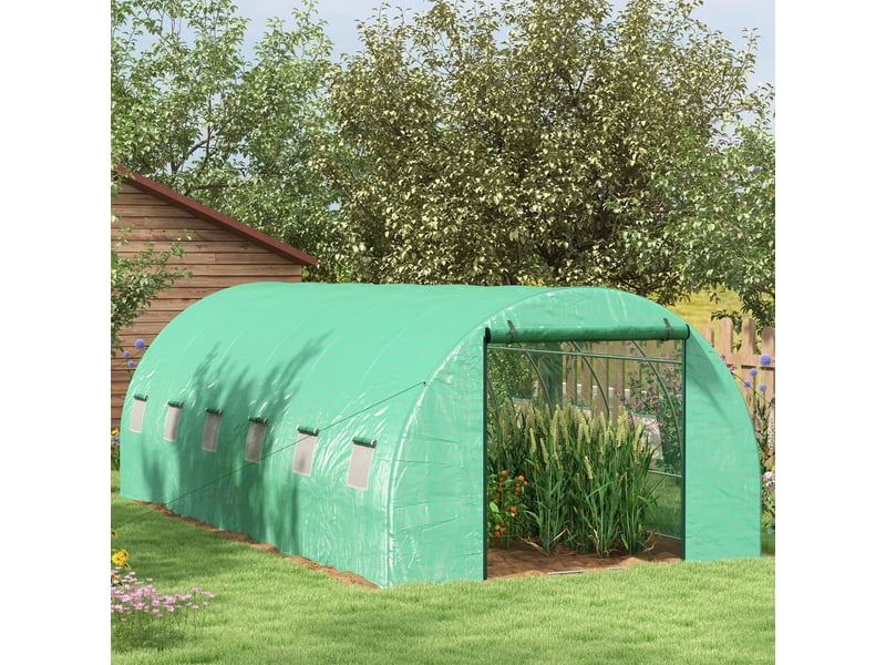  Serre tunnel 6x3x2 m avec système d'irrigation intégré, 12 fenêtres grillagées et 1 porte roulante verte  - Conforama C