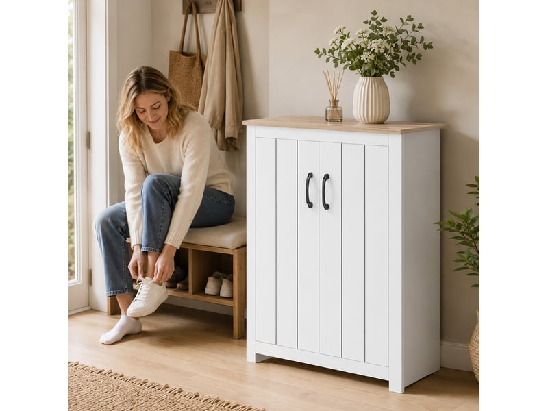  Meuble à chaussures 4 niveaux 12 paires armoire à chaussures 2 portes et étagères réglables 80x32,8x105cm chêne et blanc  - Conforama C