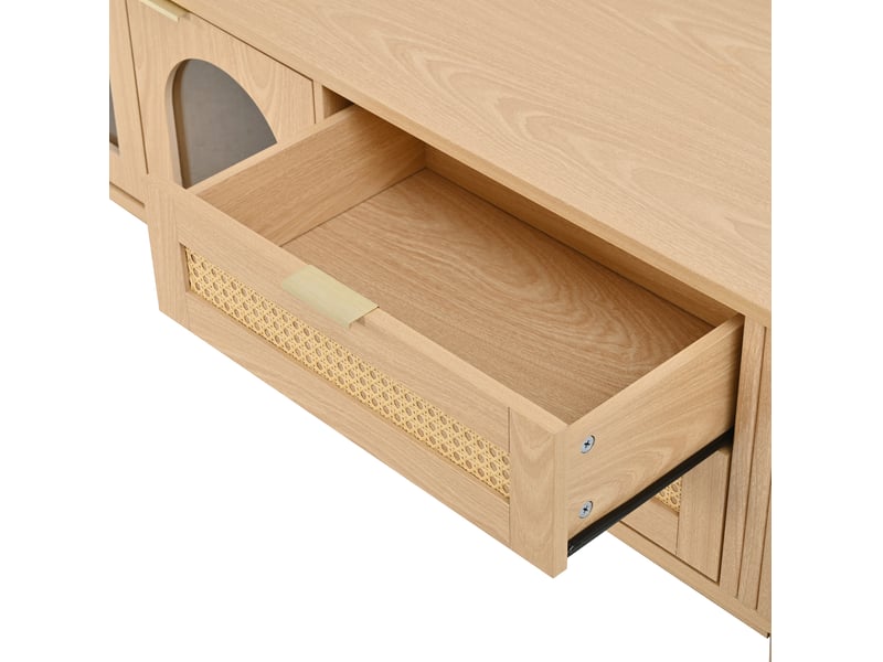  Meuble tv avec 4 tiroirs, 2 portes en verre et led contrôlée par application, pour salon, naturel, 180 × 40 × 50 cm  - Conforama E