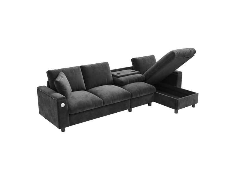  Canapé d'angle réversible fixe 4 places tissu gris coffre de rangement canapé d'angle gris - Conforama A