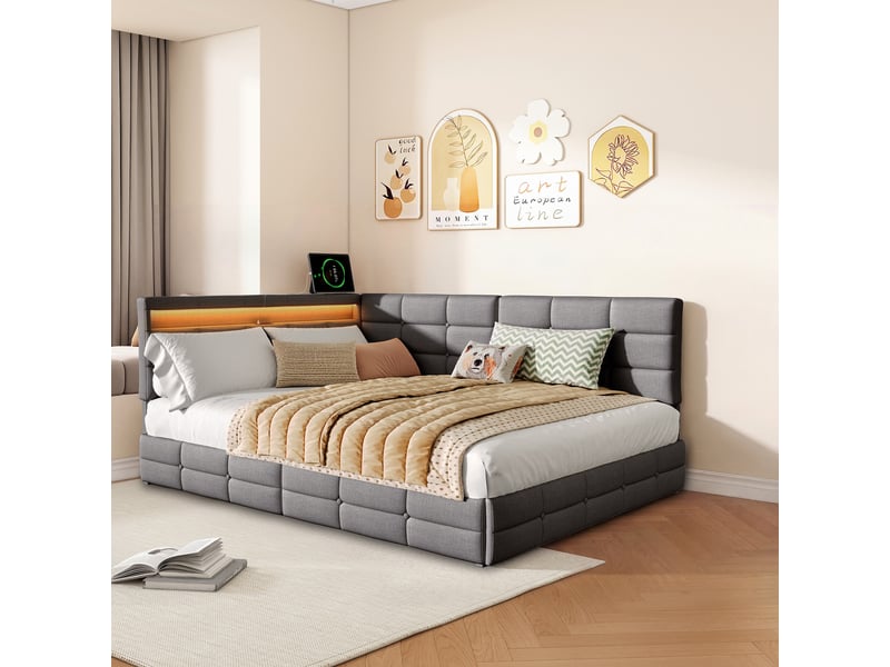  Lit 140x200cm - lit double 140x200 - lit rembourré en l avec 2 tiroirs, éclairage led, ports usbtype-c - tissu en lin gris  - Conforama C