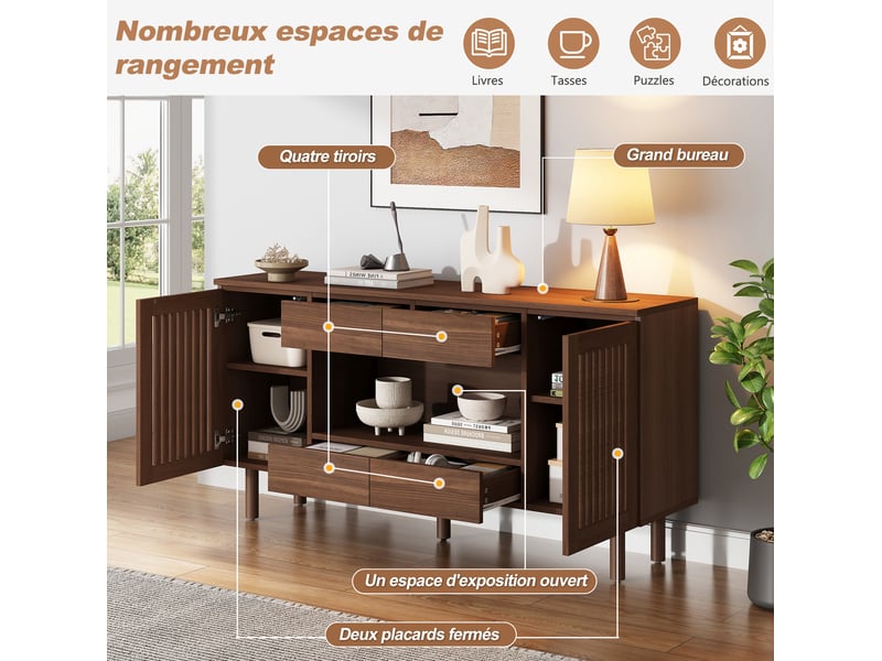  Buffet et enfilade avec 4 tiroirs et 2 portes à lames, pieds en bois massif, pour salon, noyer, 140 × 35 × 71 cm  - Conforama E