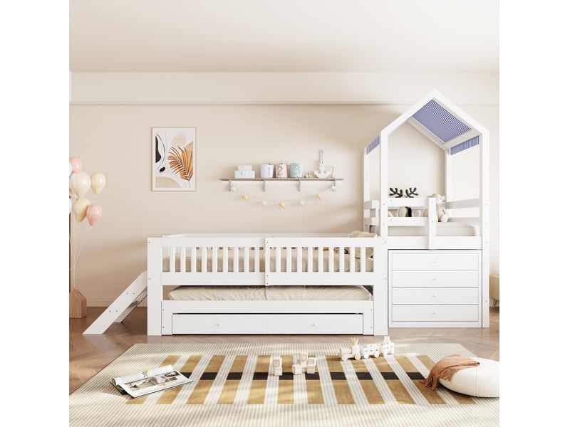  Lit gigogne avec tiroirs, escalier latéral en bois blanc  - Conforama D