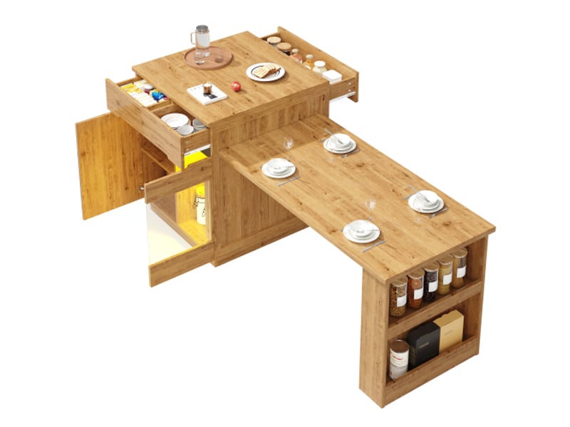 Îlot de cuisine multifonction avec table extensible led, effet chêne, rangement, tiroirs et porte vitrée, pour cuisine et salle à manger - Conforama E