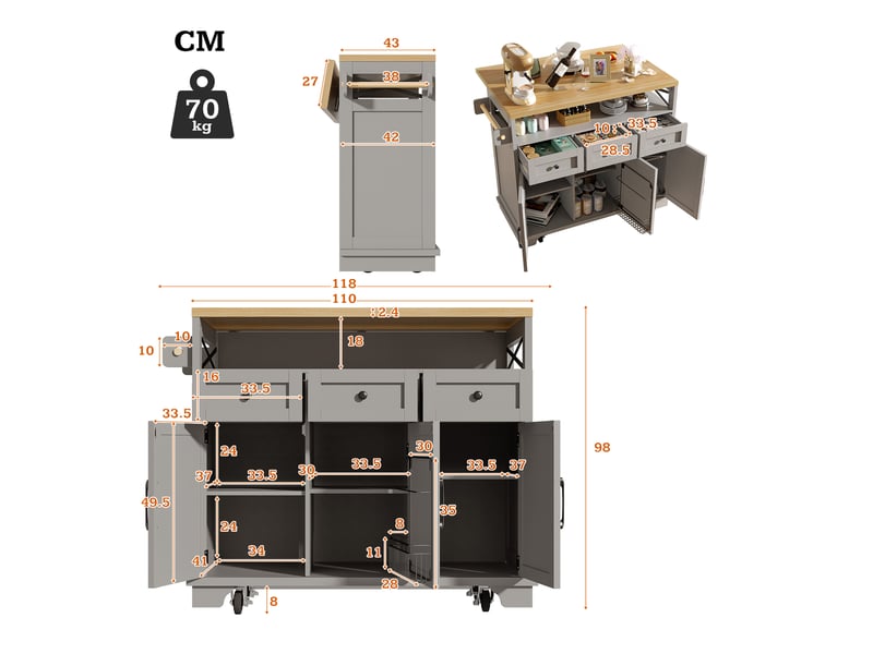  Îlot de cuisine gris avec plateau rabattable, desserte de cuisine à roulettes en mdf et métal, 118x43x98cm  - Conforama W
