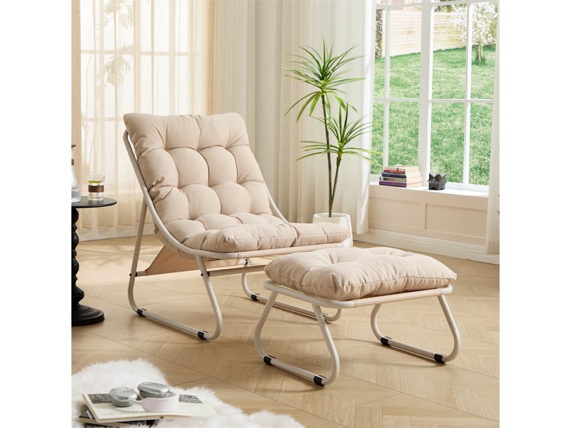  Fauteuil de jardin avec repose-pied - 65x78x86cm - chaise lounge inclinable avec coussin moelleux - acier &amp; coton - beige  - Conforama C